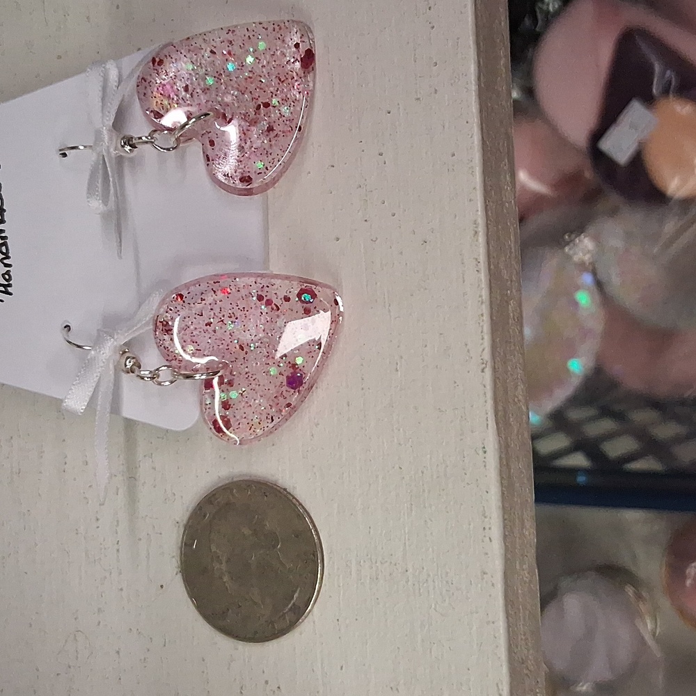 Pink HANDMADE Resin Heart Earrings - Picture 2 of 3